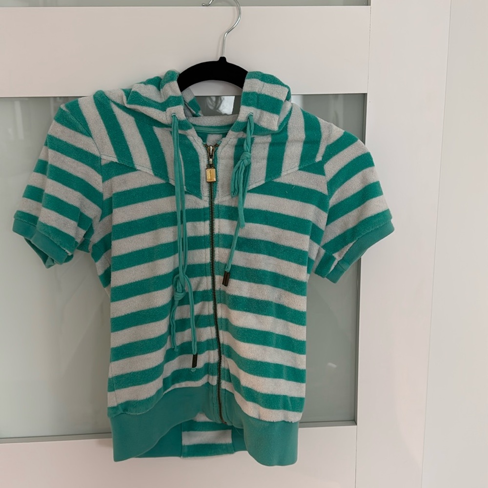 Terry cloth short sleeve zip up with hood